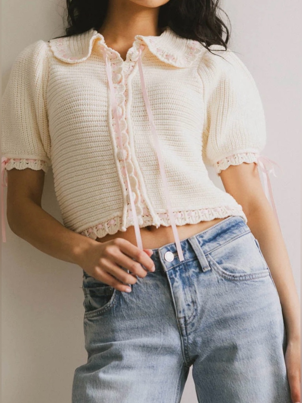 bohme Cream Crochet-Knit with Pink Ribbon Detail Short Sleeve Cardigan - Size XS